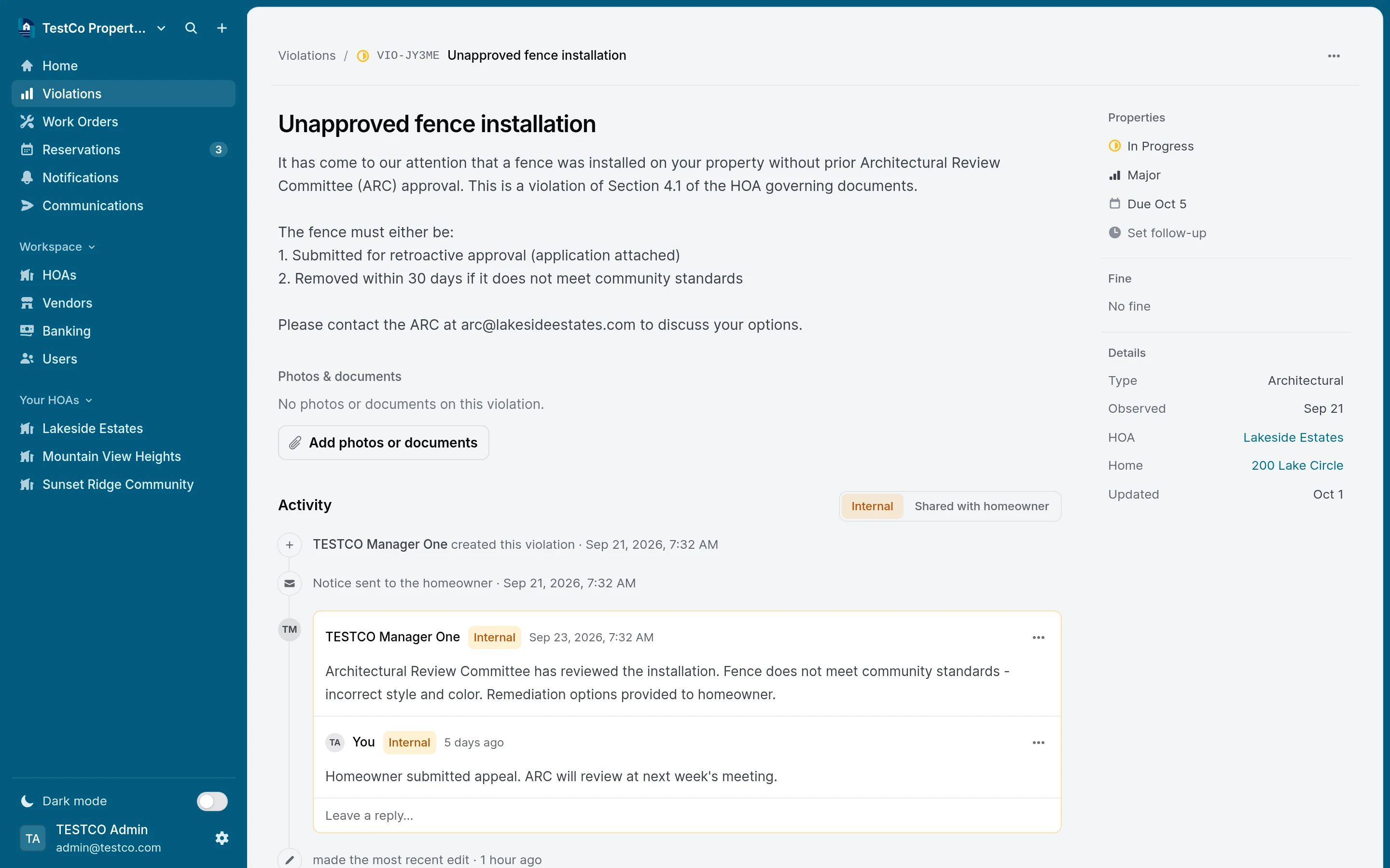 A violation in Epic HOAs, with its comment thread and the Properties panel showing status, type, home and dates